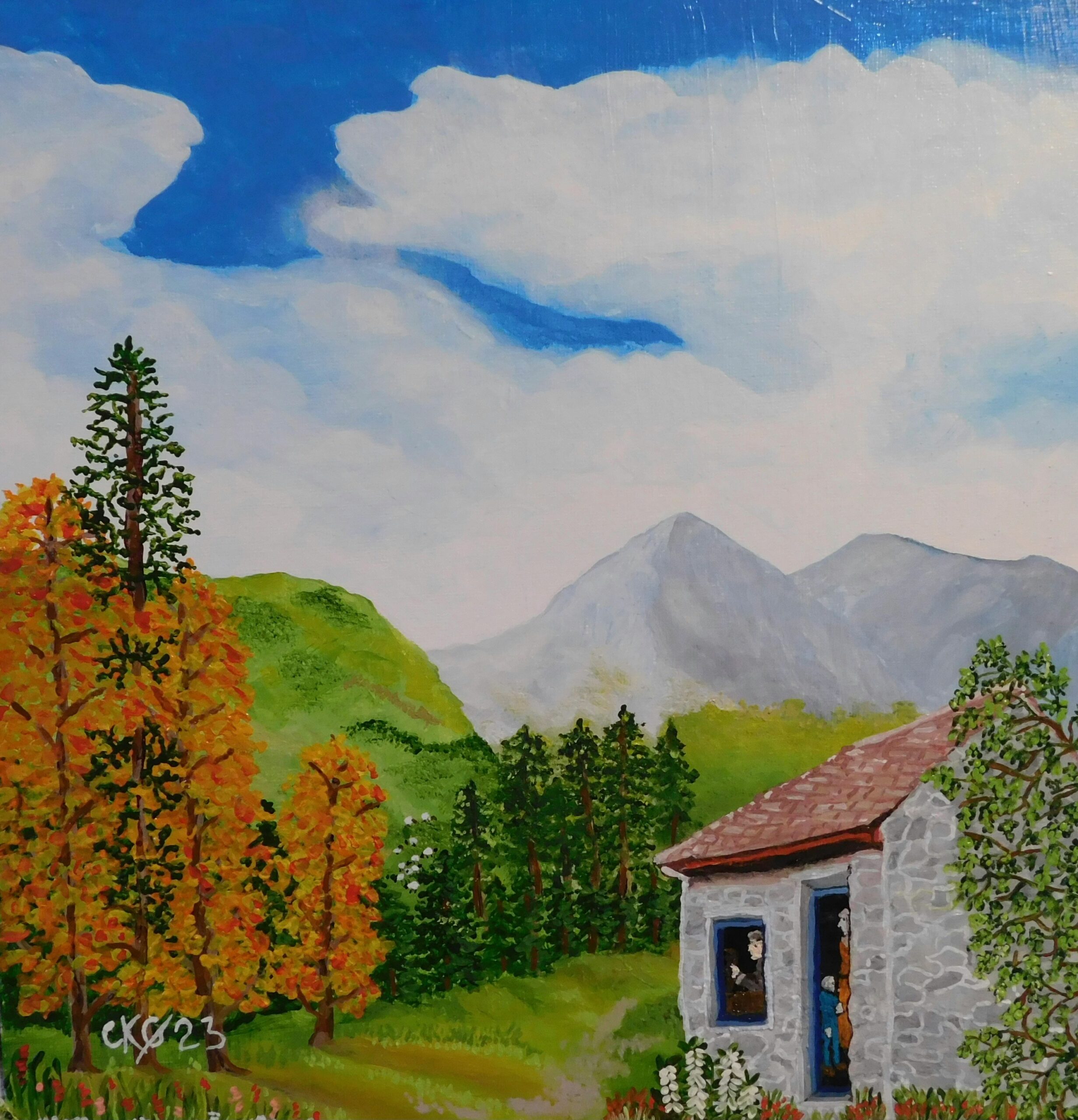 a painting of a cabin in the mountains